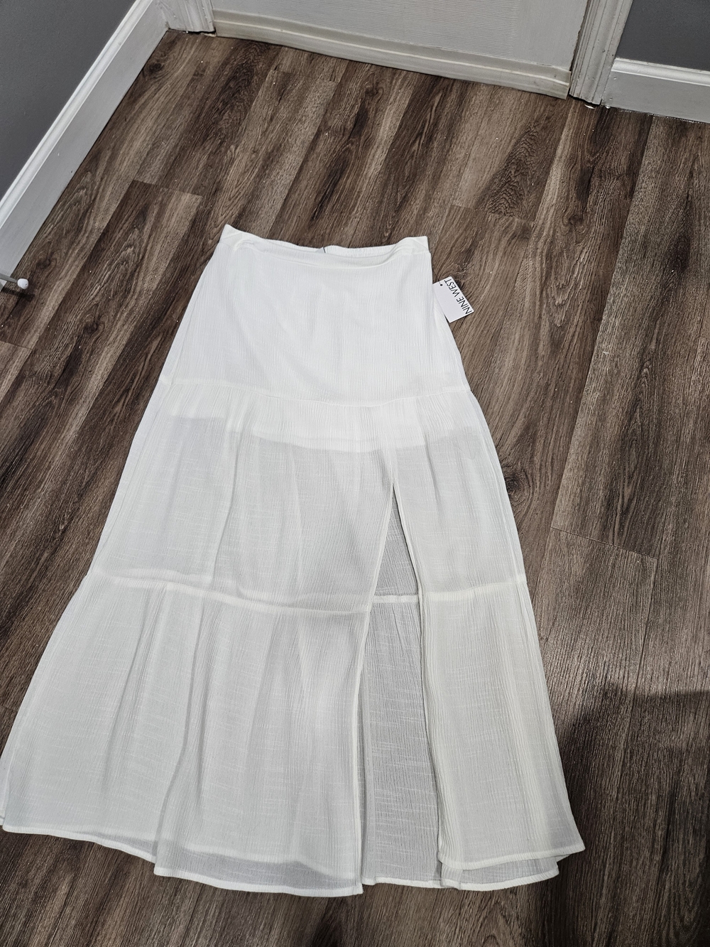 Nine West White Sheer Tiered Maxi Skirt with Front Slit